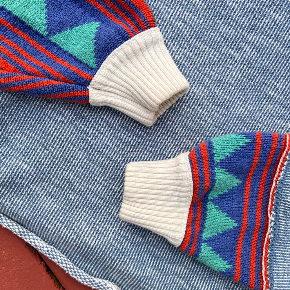 Free People Blue Aztec Boho Triangle Patchwork Crop Fit Slouchy Sweater Preppy S - Picture 6 of 10